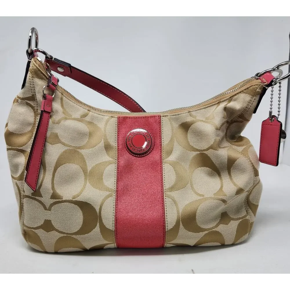 Vtg Y2K Coach Signature Stripe Hobo Shoulder Bag F19281 Khaki/Berry Pink